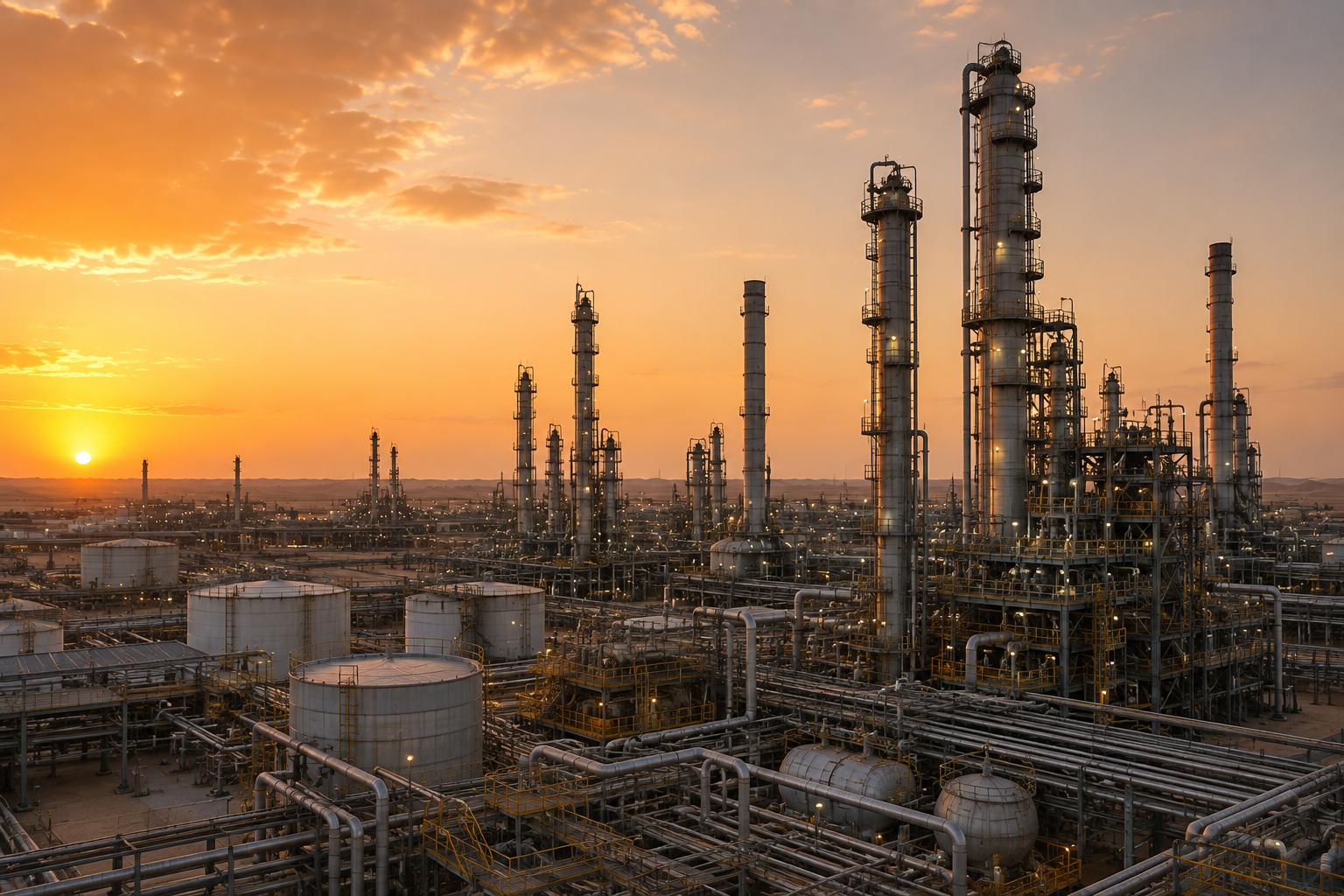 Oil and gas refinery at dusk